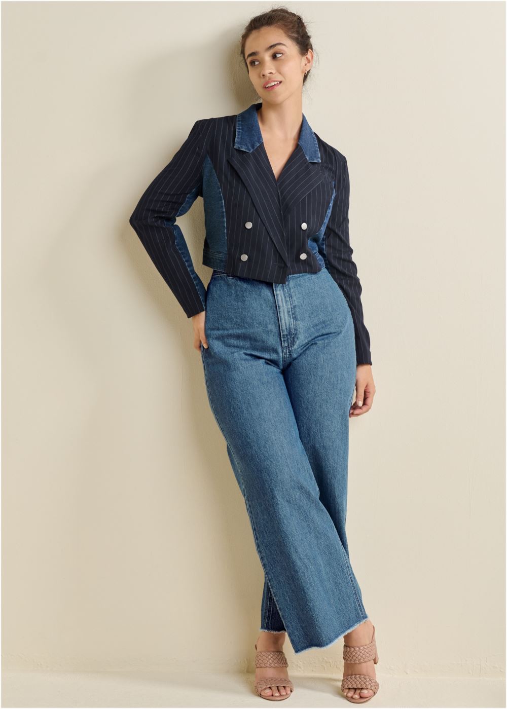 Venus Denim And Pinstripe Blazer in Medium Wash