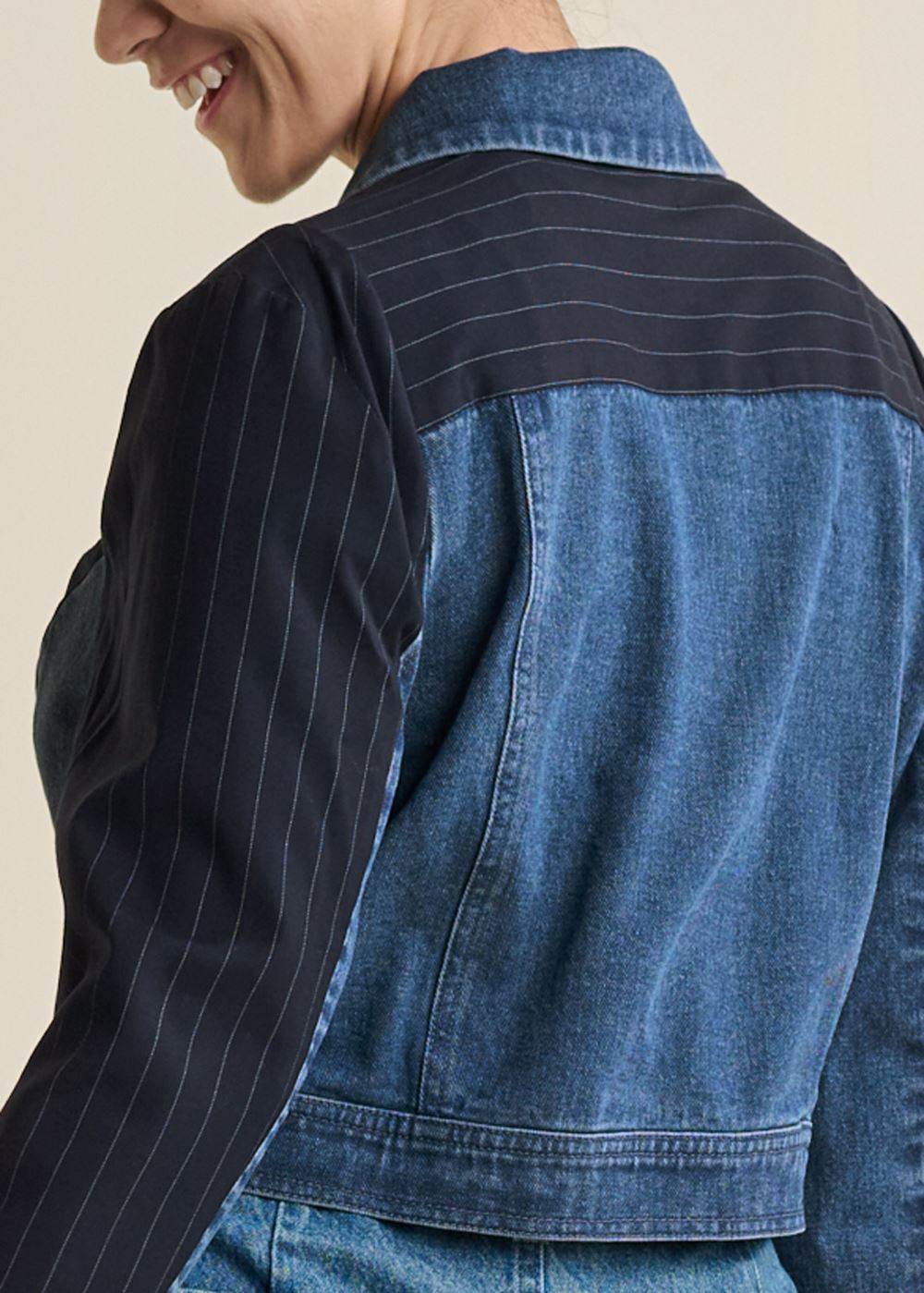 Venus Denim And Pinstripe Blazer in Medium Wash