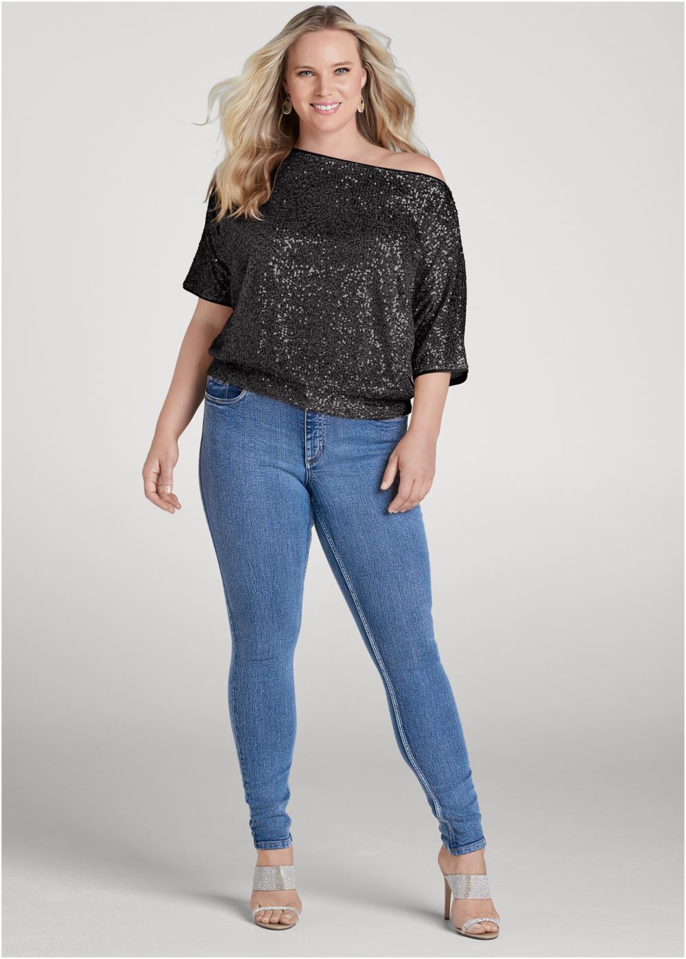 Venus Plus Size Off-The-Shoulder Sequin Top