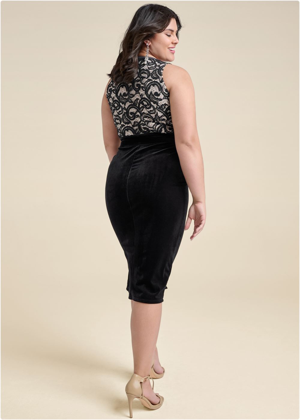 Venus Black & Nude VELVET LACE BODYCON DRESS