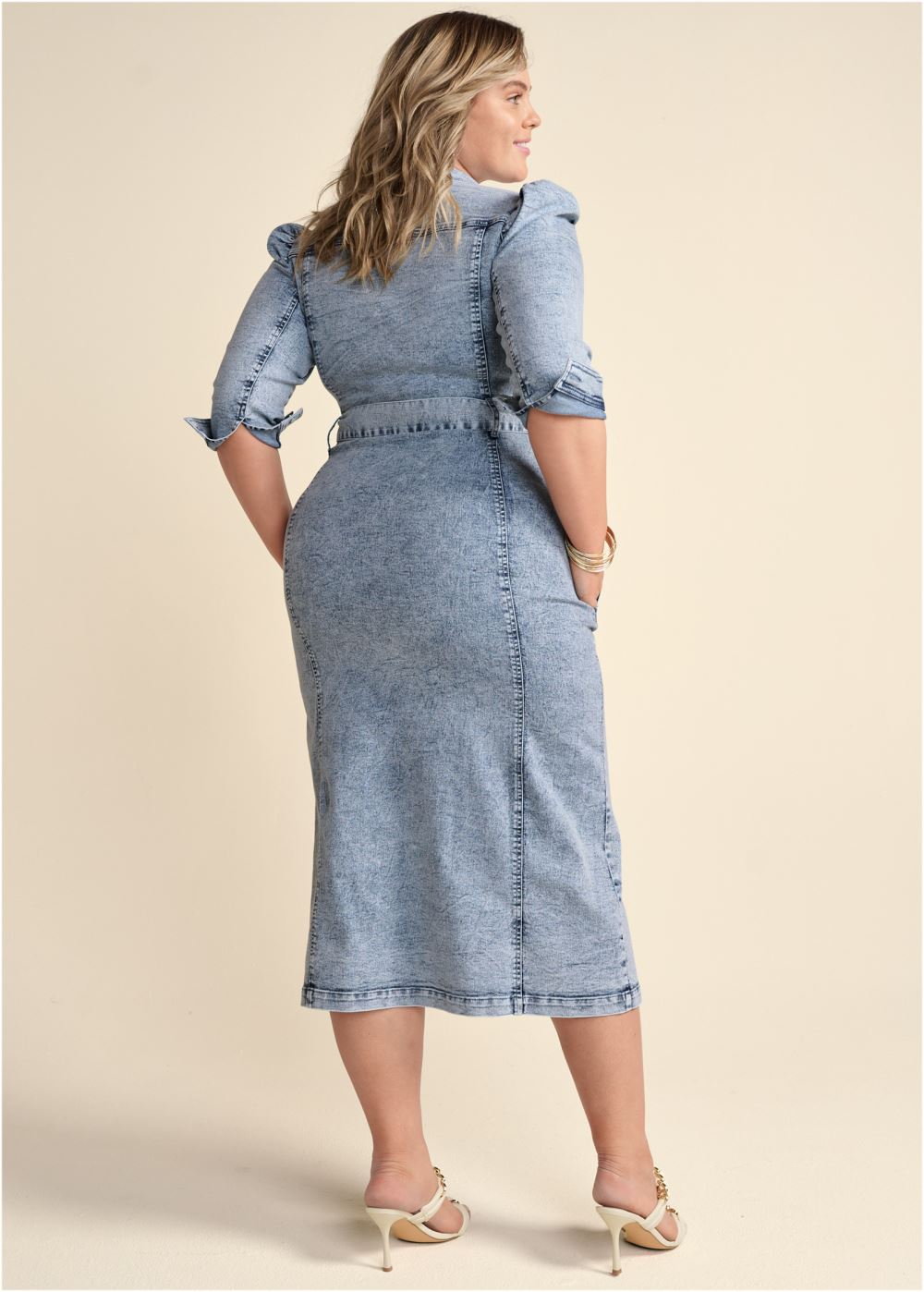 Venus Plus Size Tie-Waist Denim Midi Dress