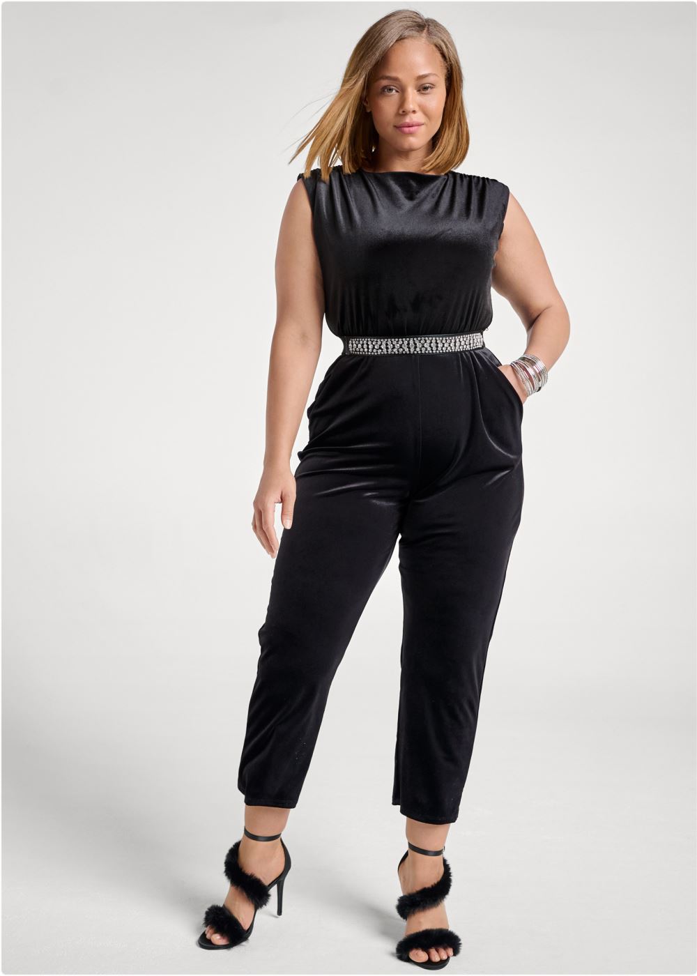 Venus Plus Size Velvet Back Chain Jumpsuit in Black