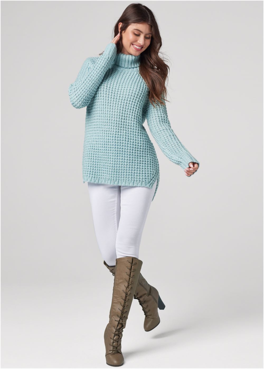 Venus Plus Size Waffle Stich Turtleneck in Light Blue