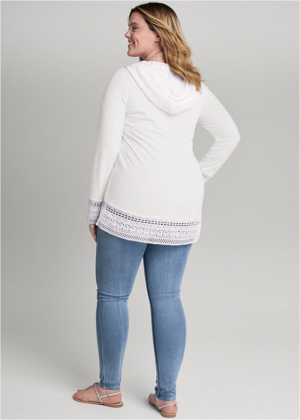 Venus Plus Size Crochet Trim Zipper Hoodie in Off White