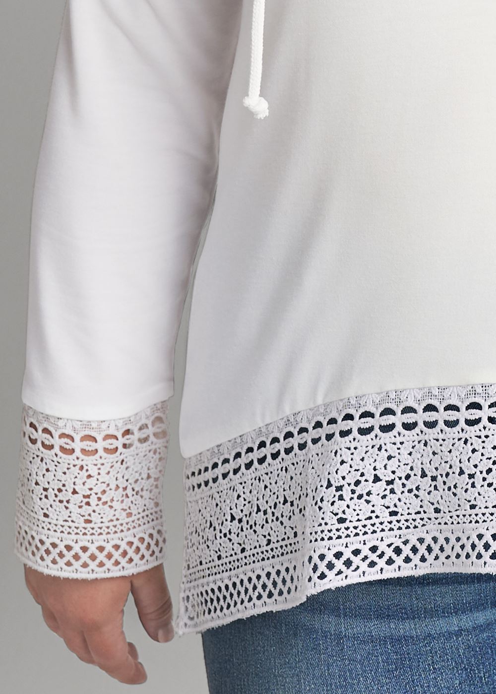 Venus Plus Size Crochet Trim Zipper Hoodie in Off White