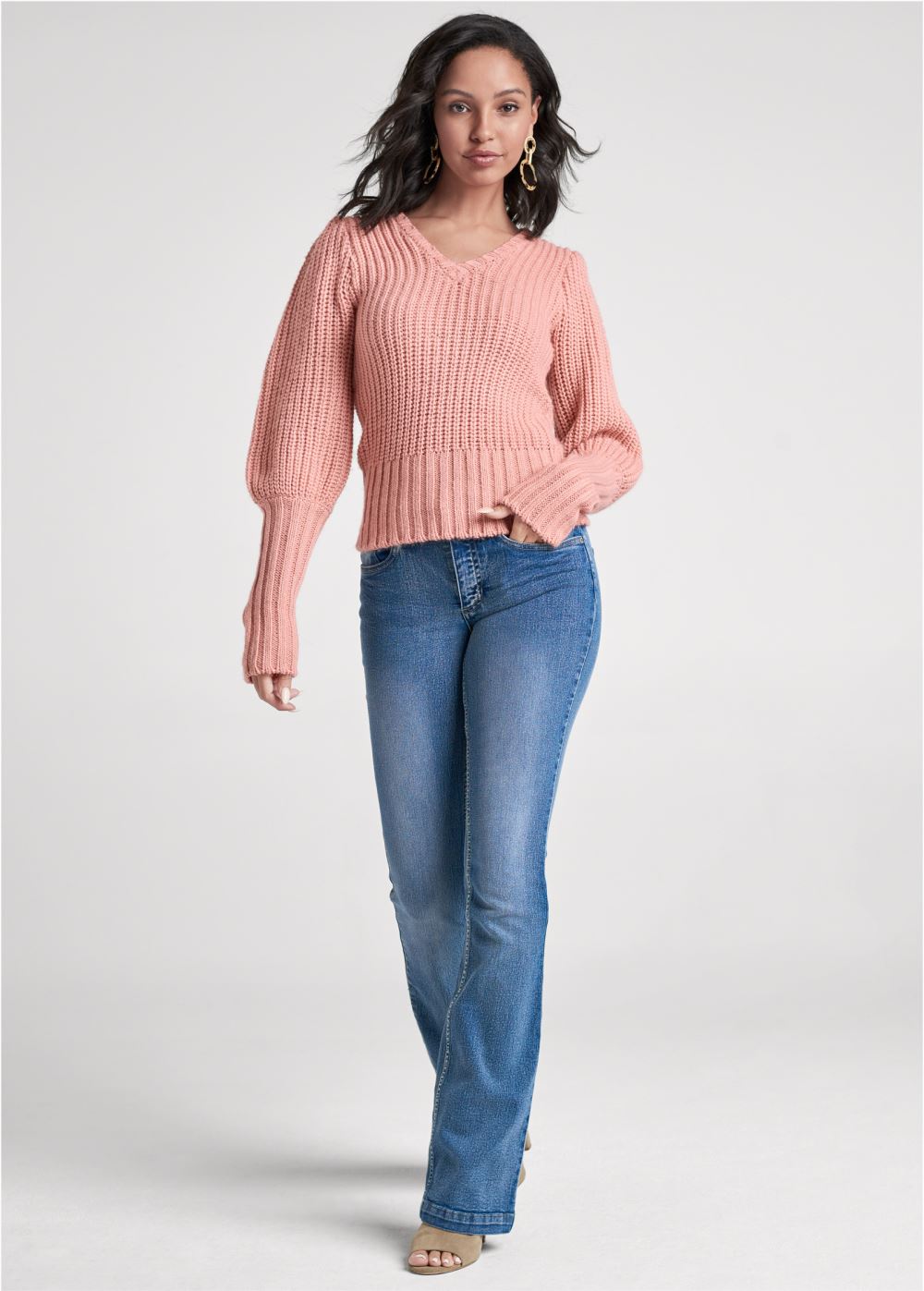 Venus Plus Size Ribbed V-Neck Sweater in Dusty Pink