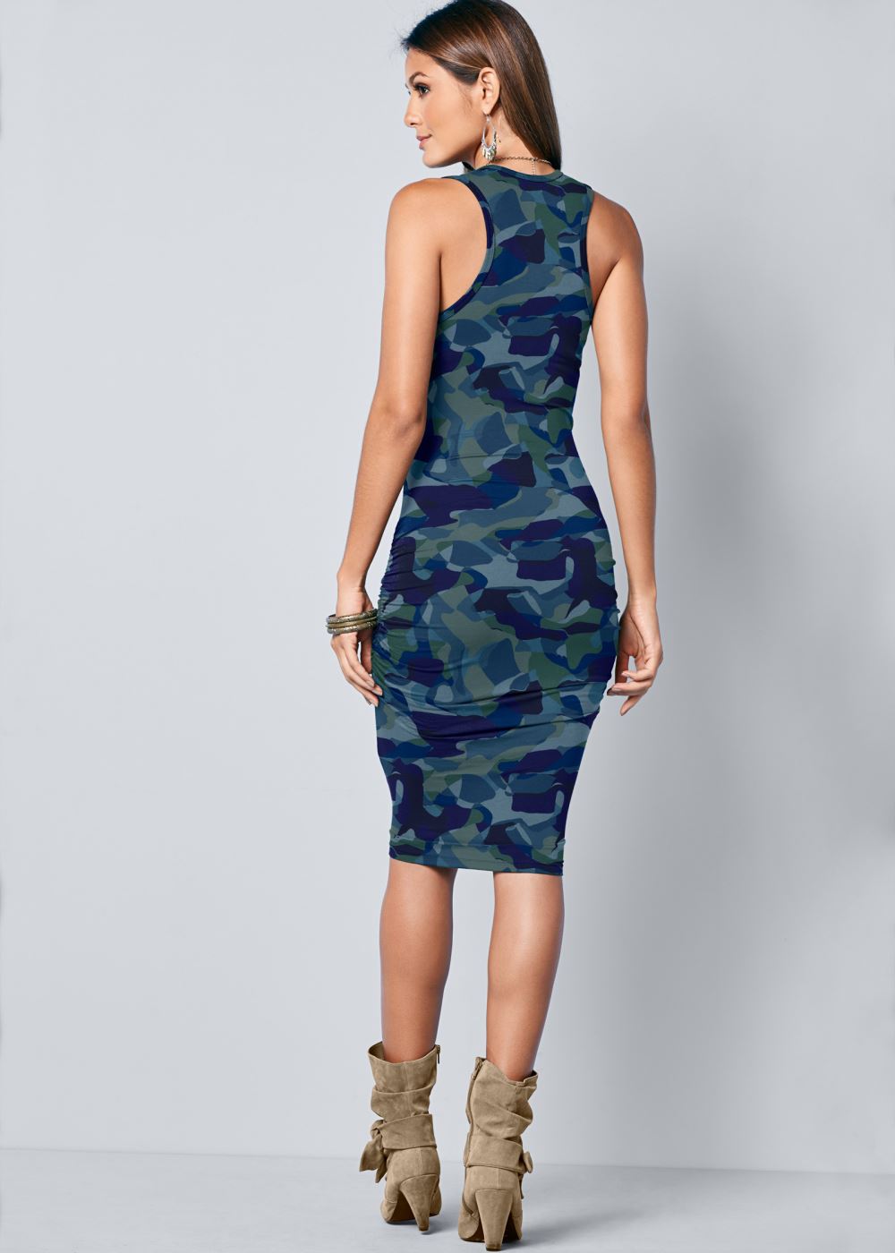 Venus Blue Multi Sleeveless Ruched Bodycon Midi Dress