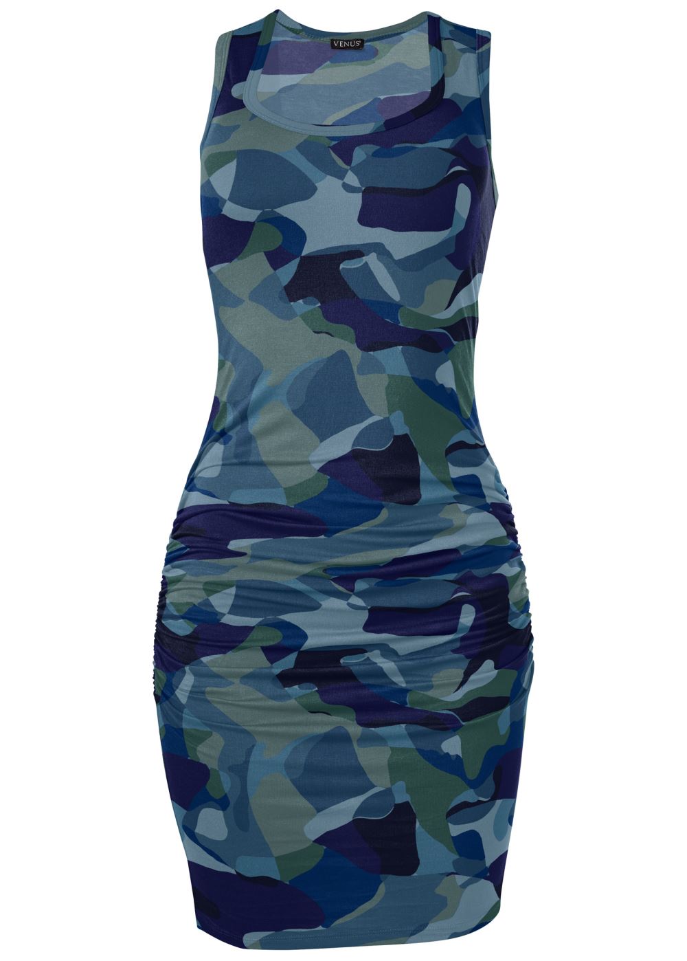 Venus Blue Multi Sleeveless Ruched Bodycon Midi Dress