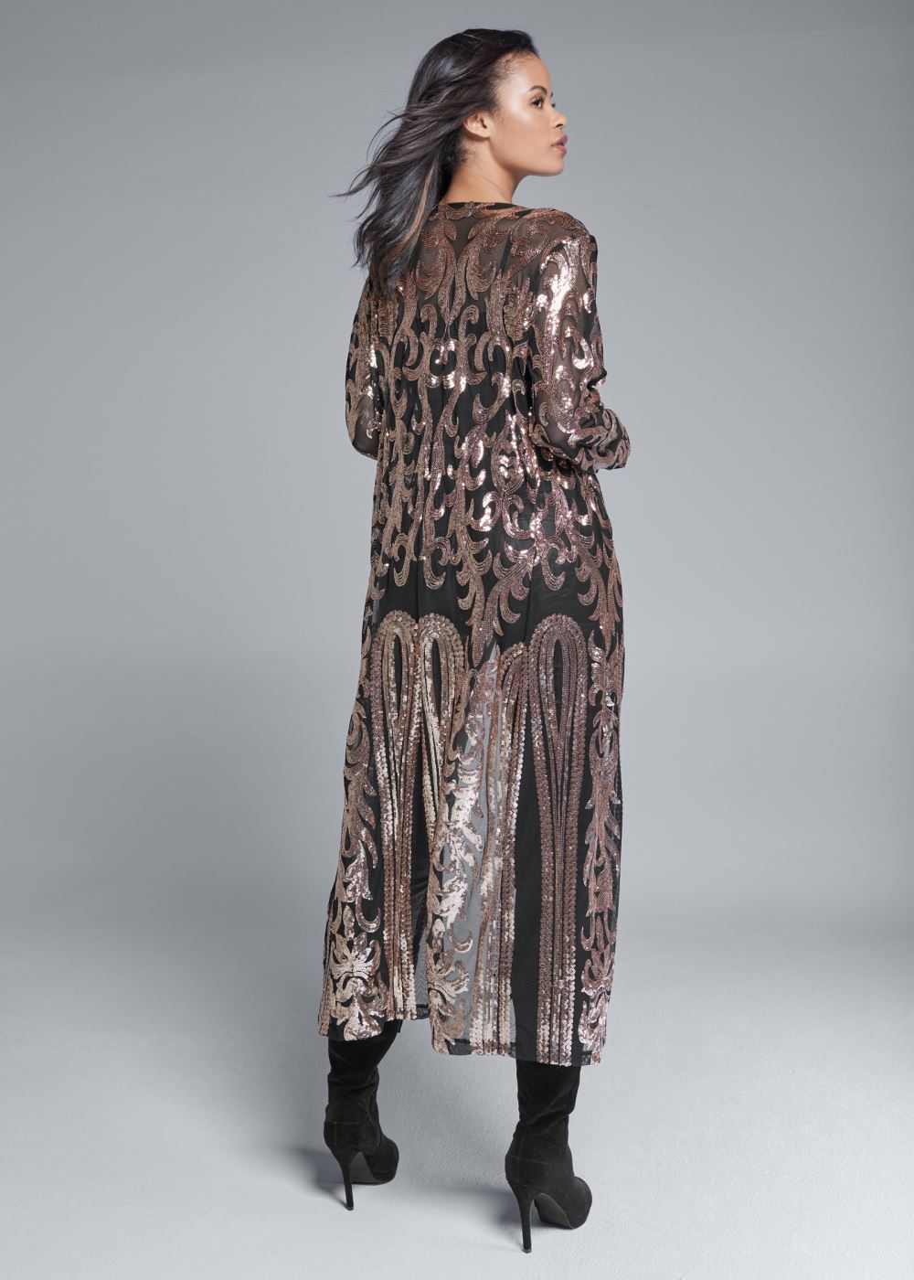 Venus Sequin Mesh Long Jacket in Rose Gold
