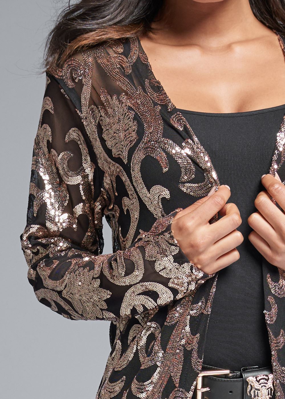 Venus Sequin Mesh Long Jacket in Rose Gold