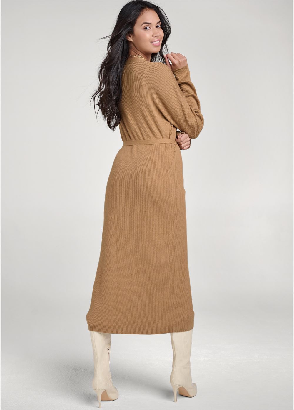 Venus Plus Size Button-Front Ribbed Duster in Camel