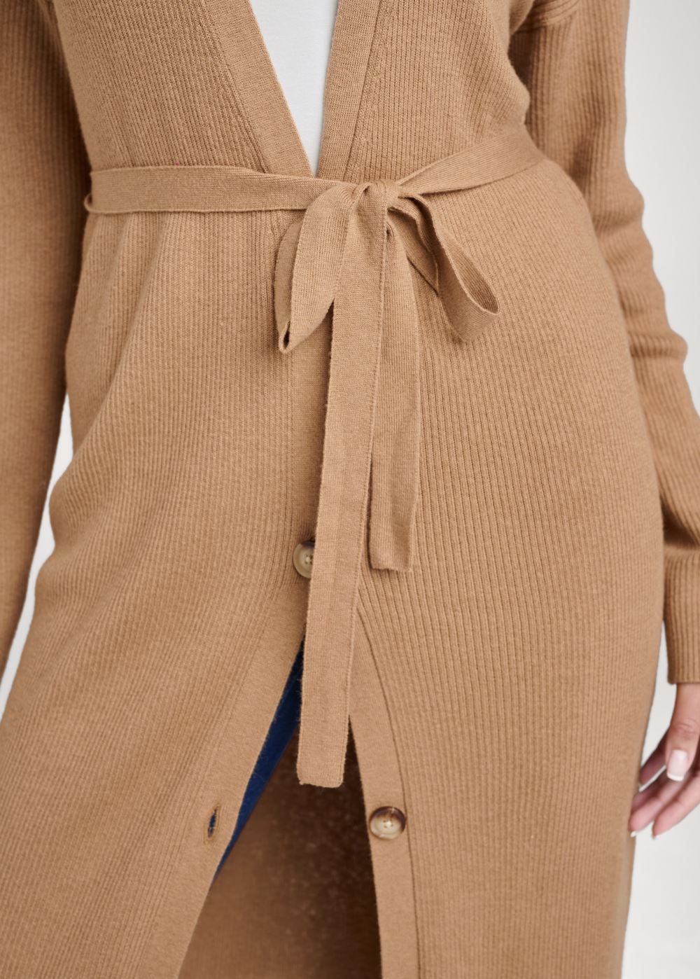 Venus Plus Size Button-Front Ribbed Duster in Camel