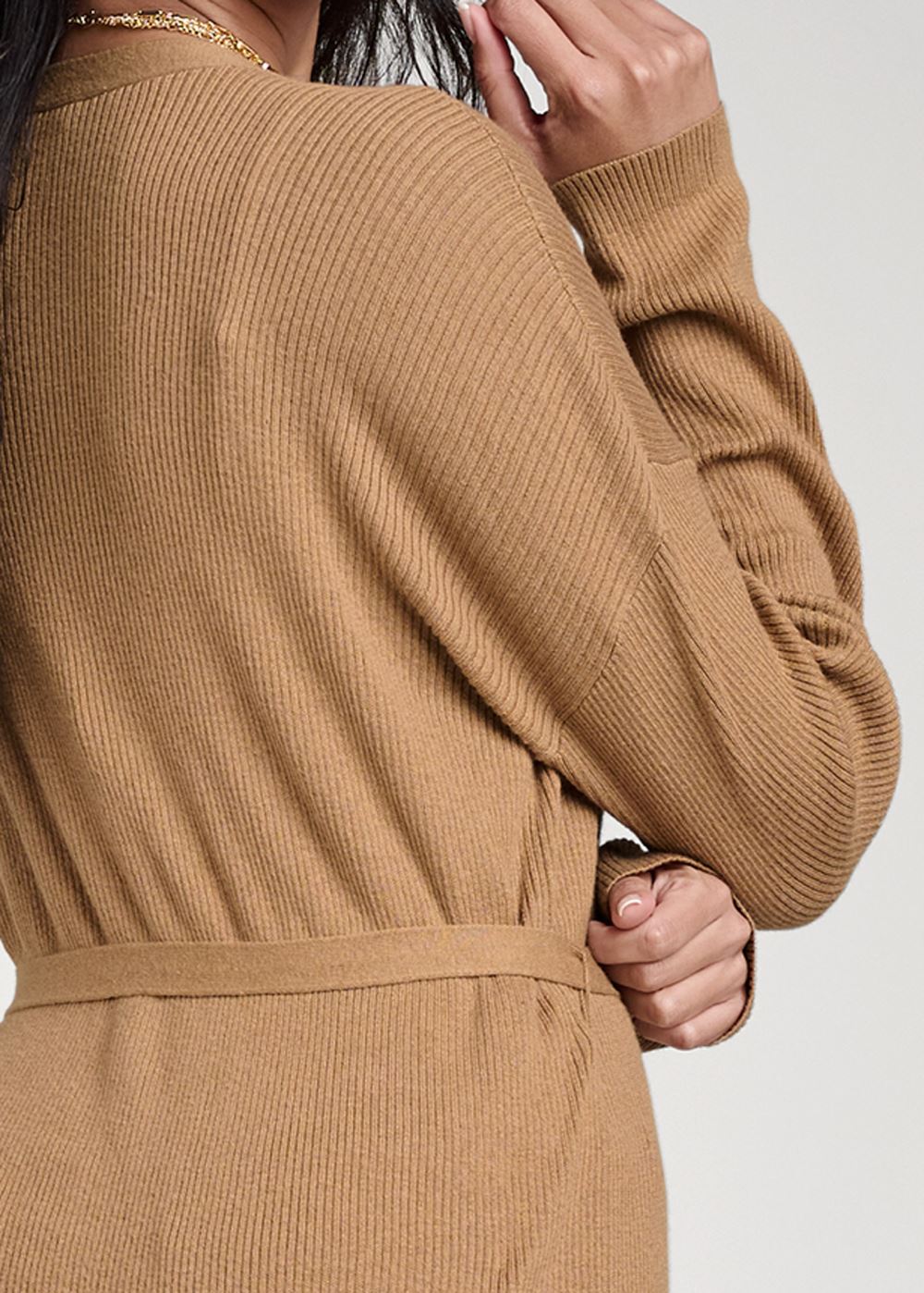 Venus Plus Size Button-Front Ribbed Duster in Camel