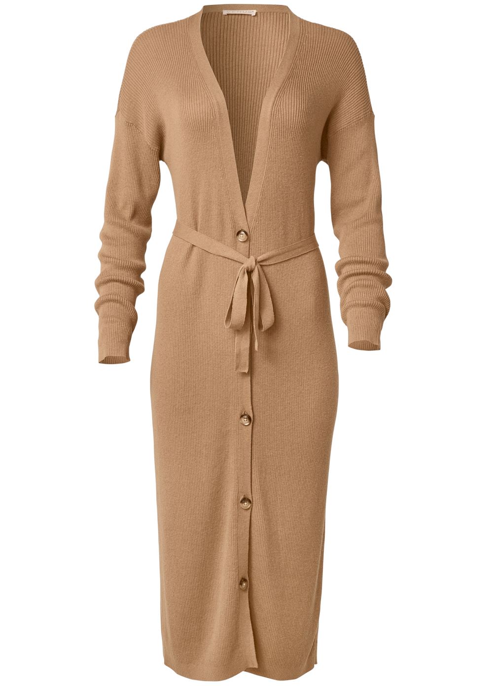 Venus Plus Size Button-Front Ribbed Duster in Camel