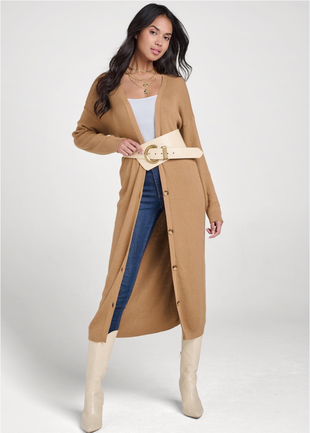 Venus Plus Size Button-Front Ribbed Duster in Camel