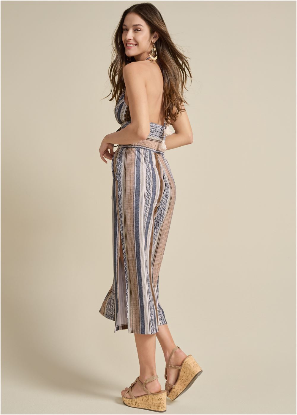 Venus Plus Size Tassel Halter Jumpsuit in Brown Multi