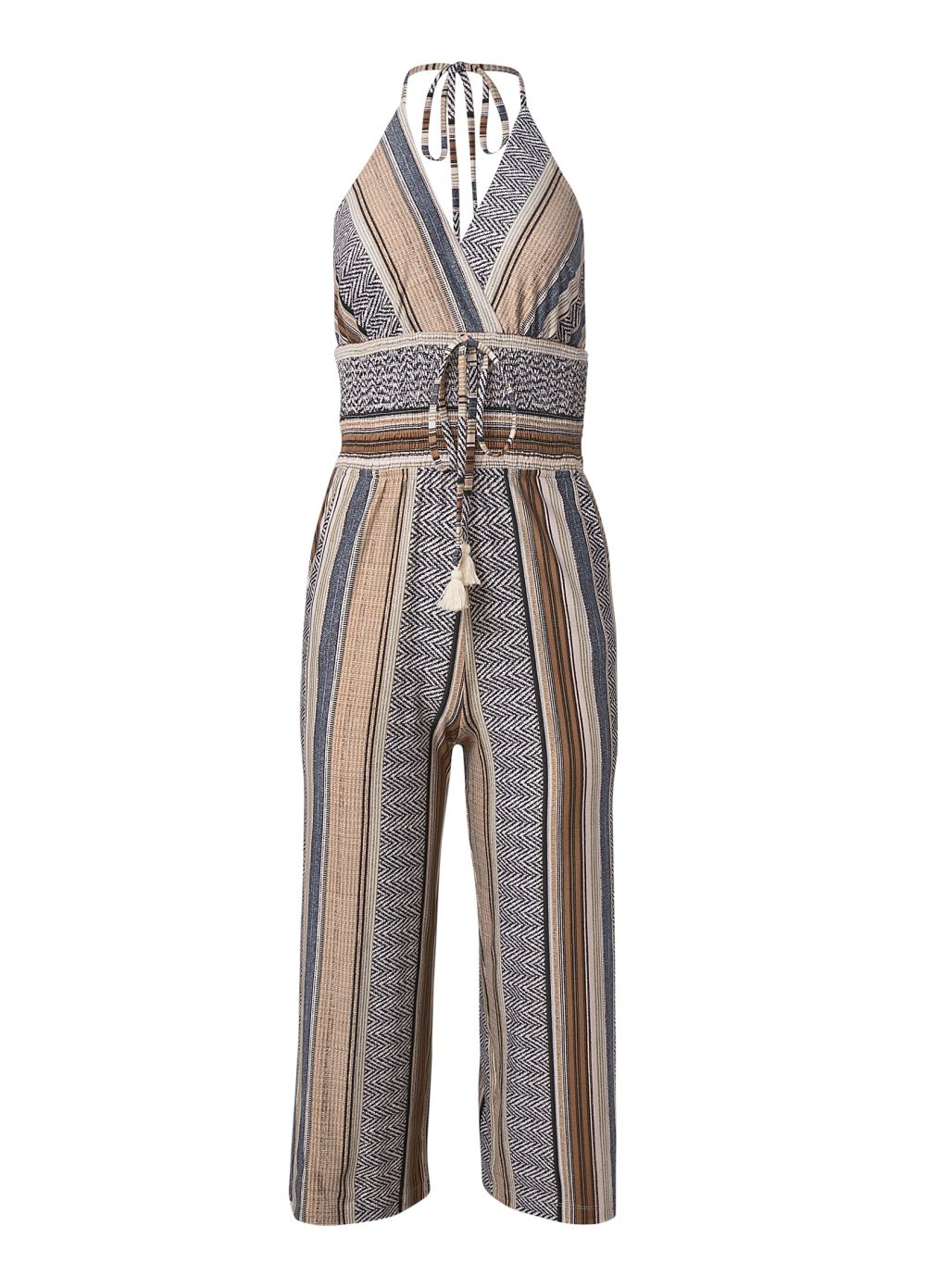 Venus Plus Size Tassel Halter Jumpsuit in Brown Multi
