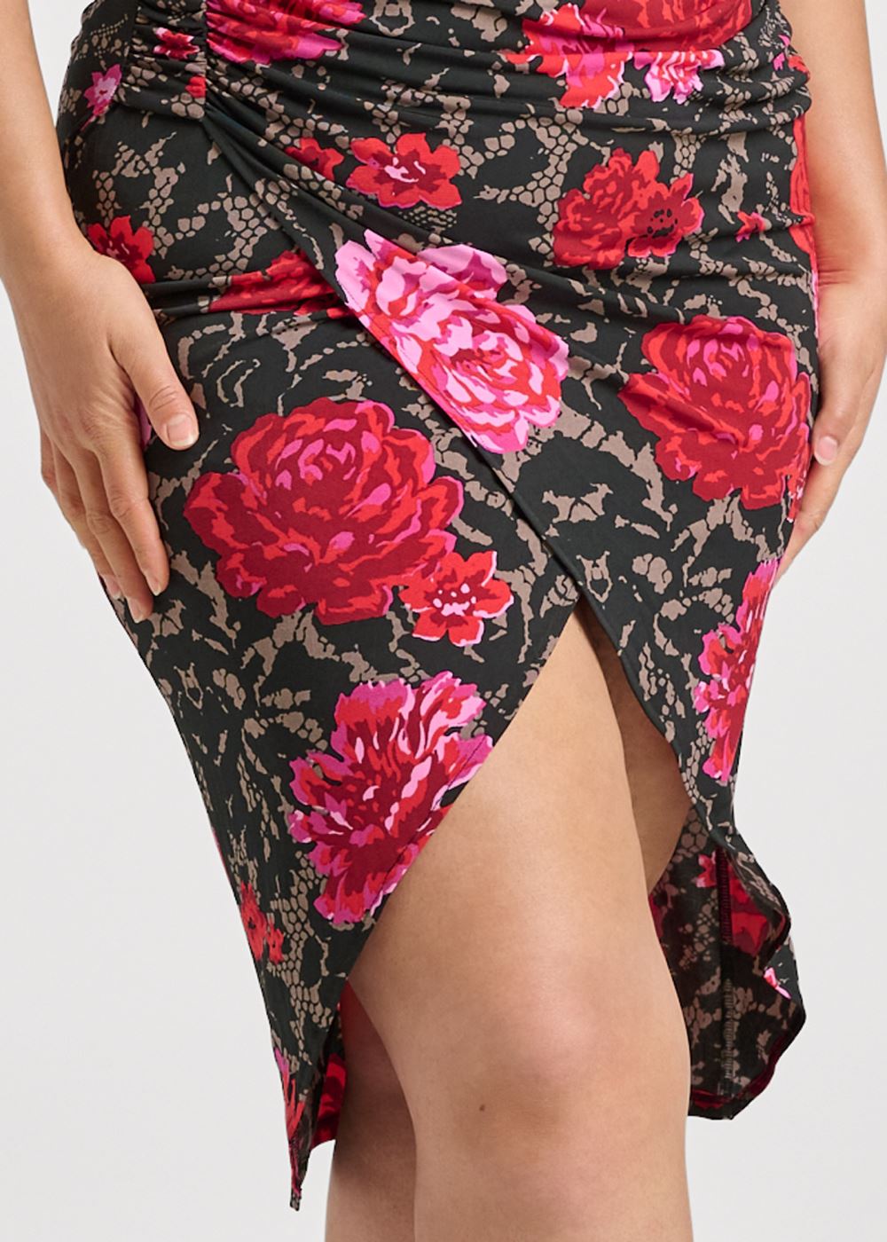 Venus Red Multi RUCHED BODYCON MIDI DRESS