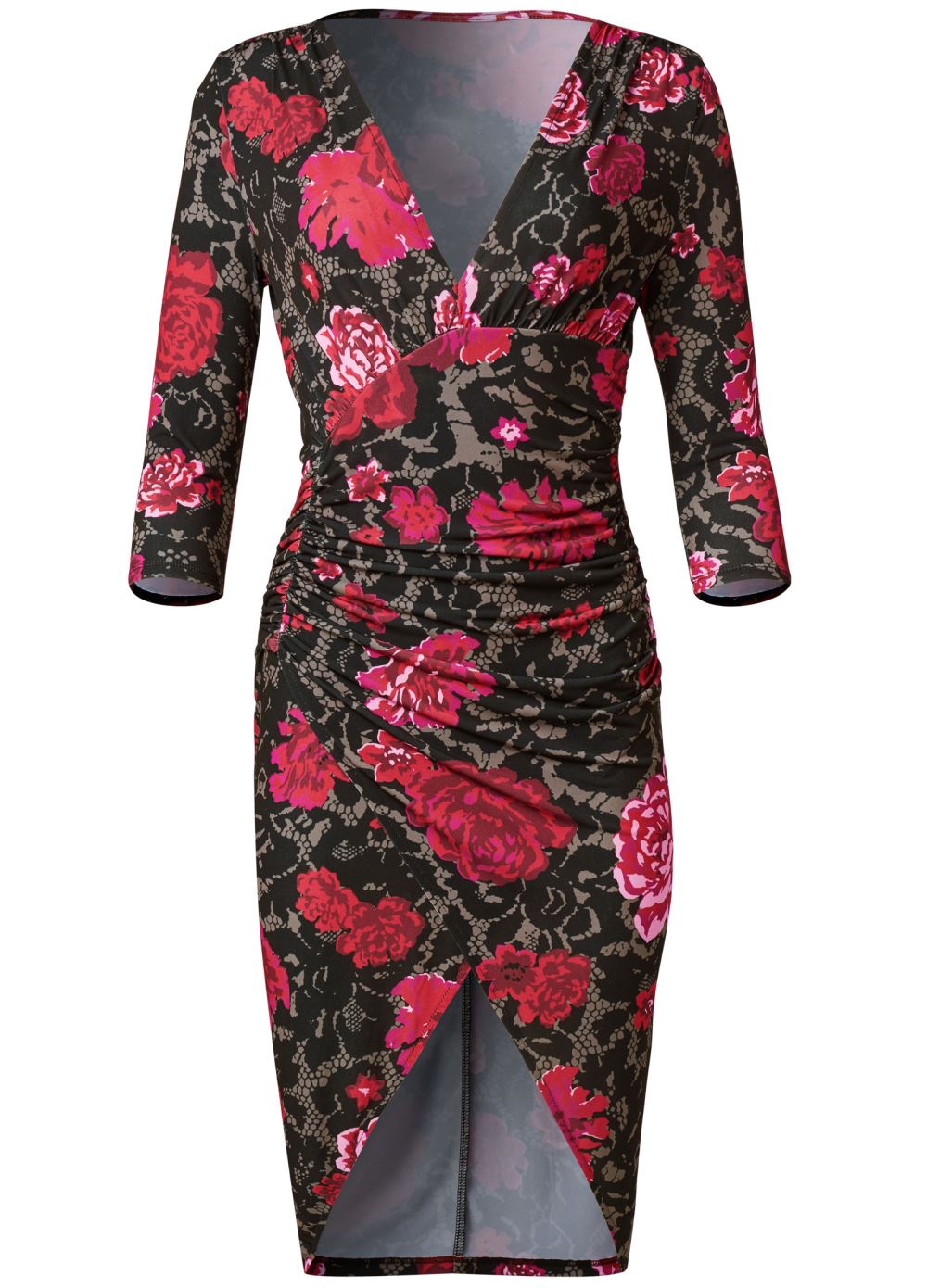 Venus Red Multi RUCHED BODYCON MIDI DRESS