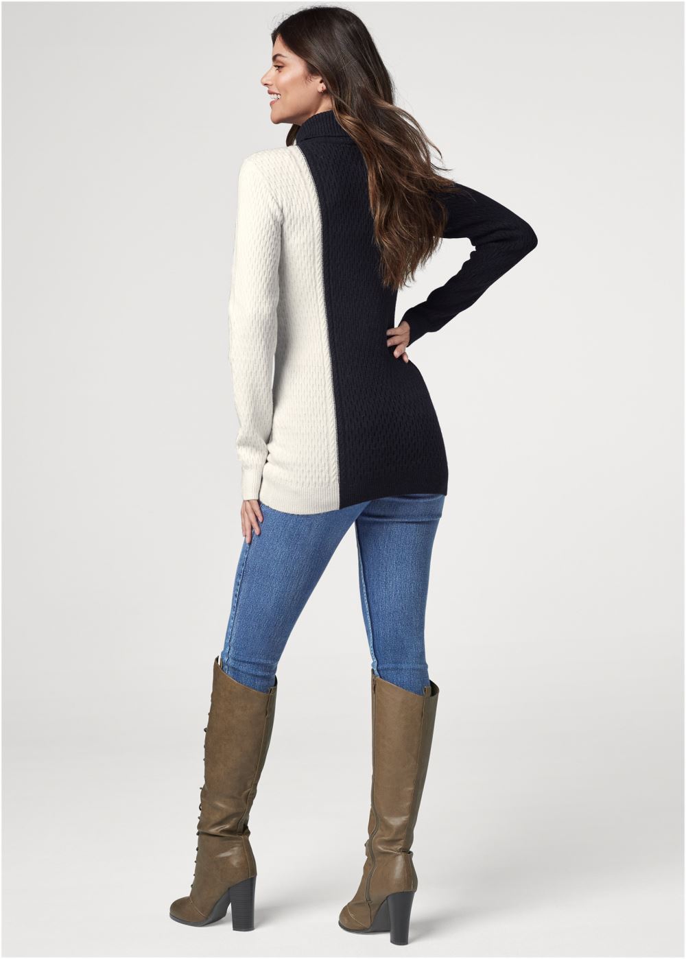 Venus Plus Size Color Block Turtleneck Sweater in Black & Off White