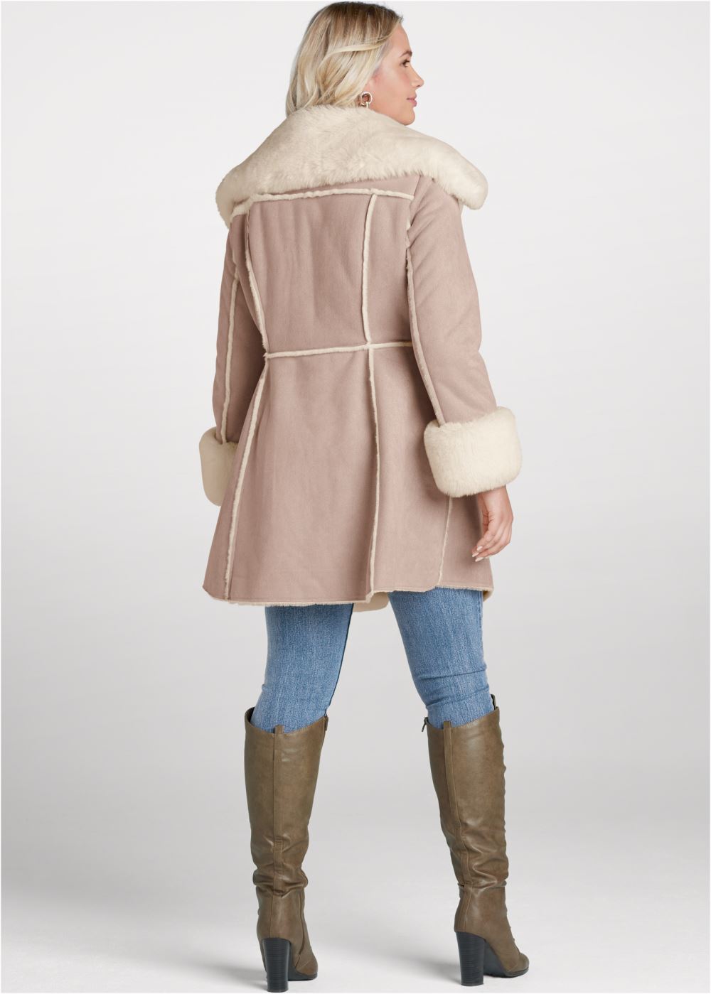 Venus Faux-Suede-And-Fur Coat in Taupe & Off White