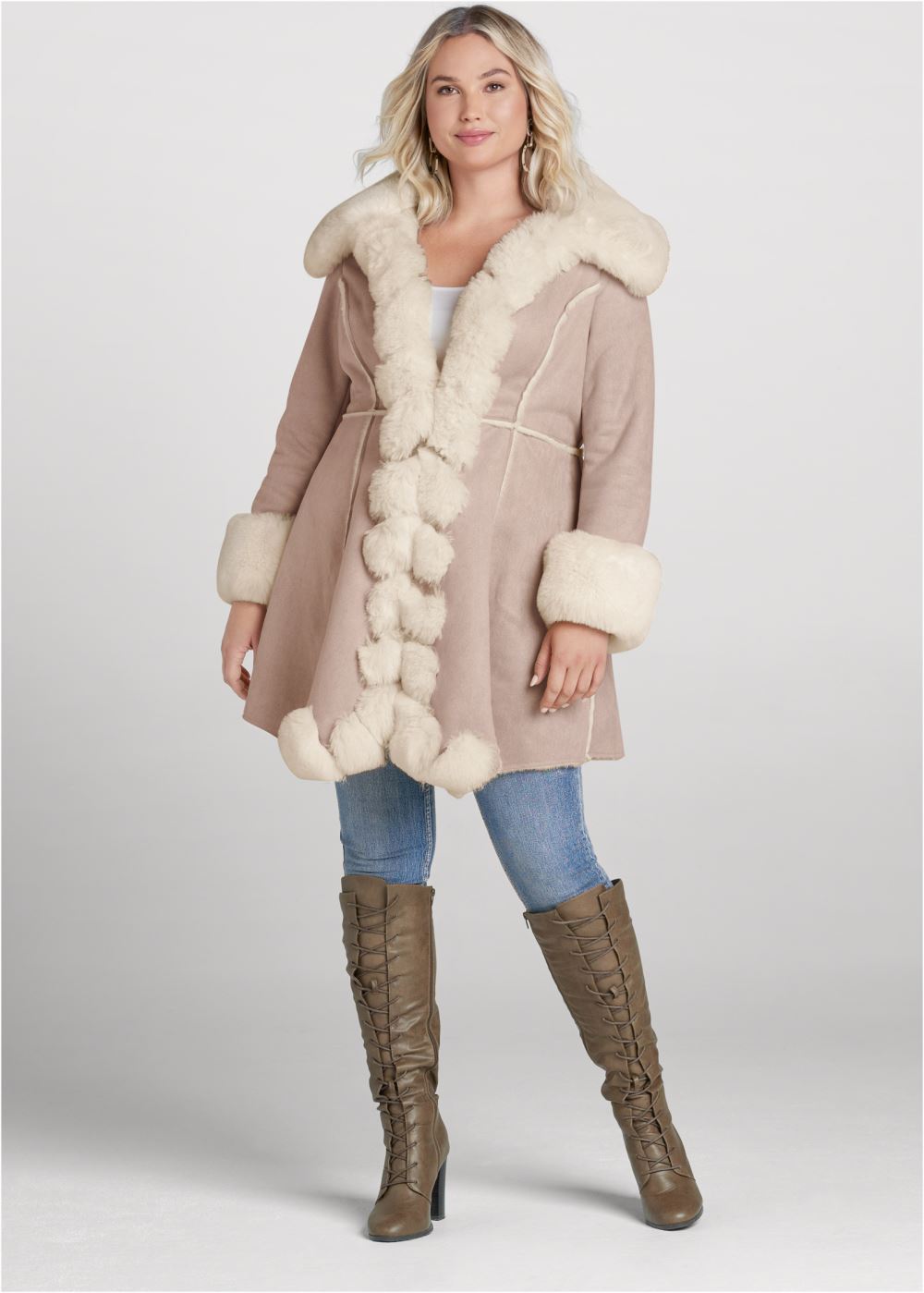 Venus Faux-Suede-And-Fur Coat in Taupe & Off White