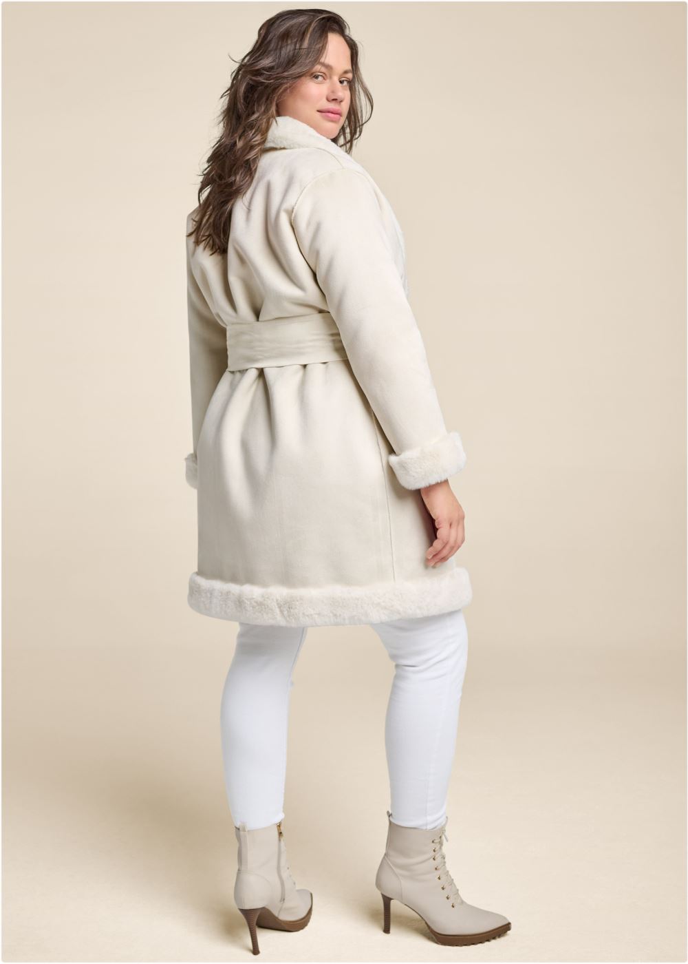 Venus Faux-Fur Trim Coat in Off White