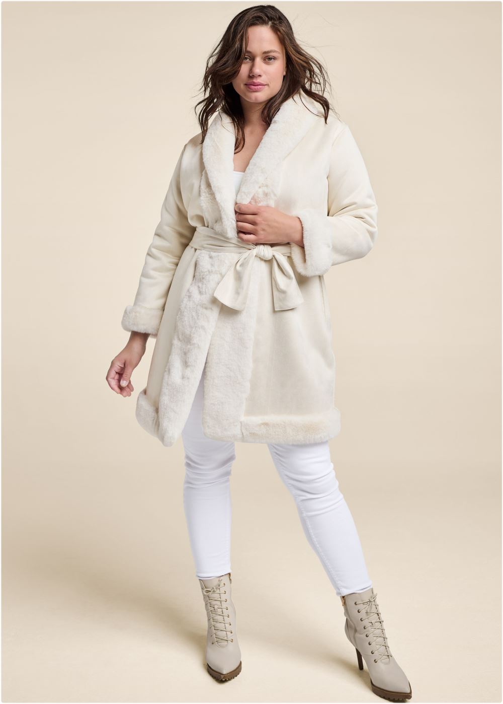 Venus Faux-Fur Trim Coat in Off White