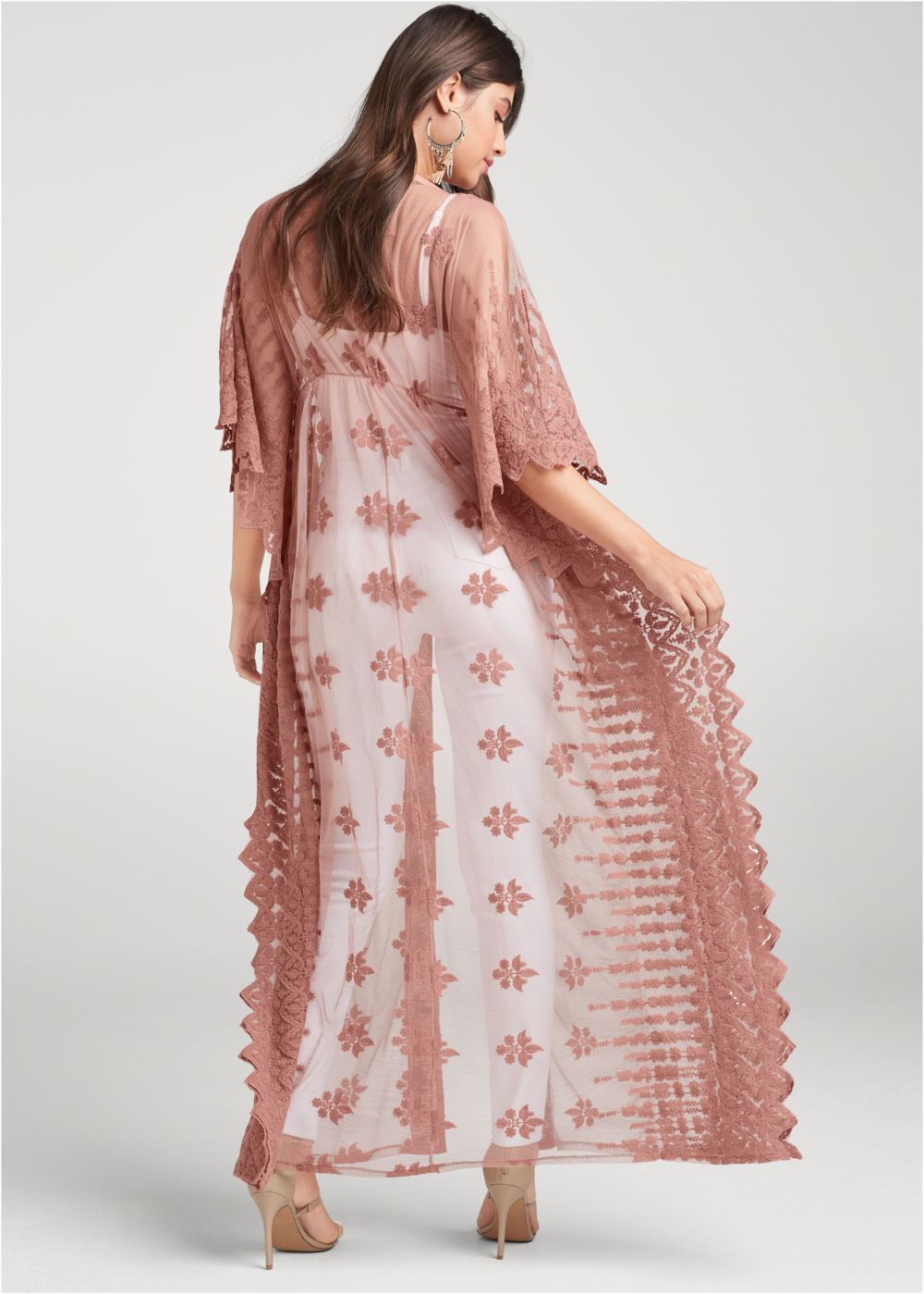 Venus Mesh And Lace Kimono in Rose