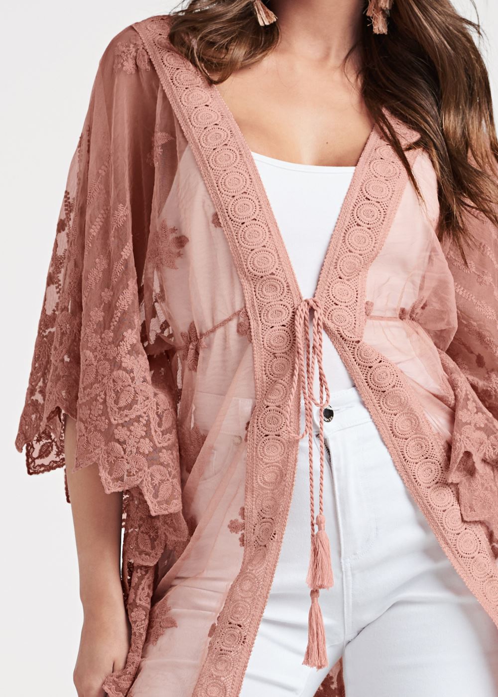 Venus Mesh And Lace Kimono in Rose