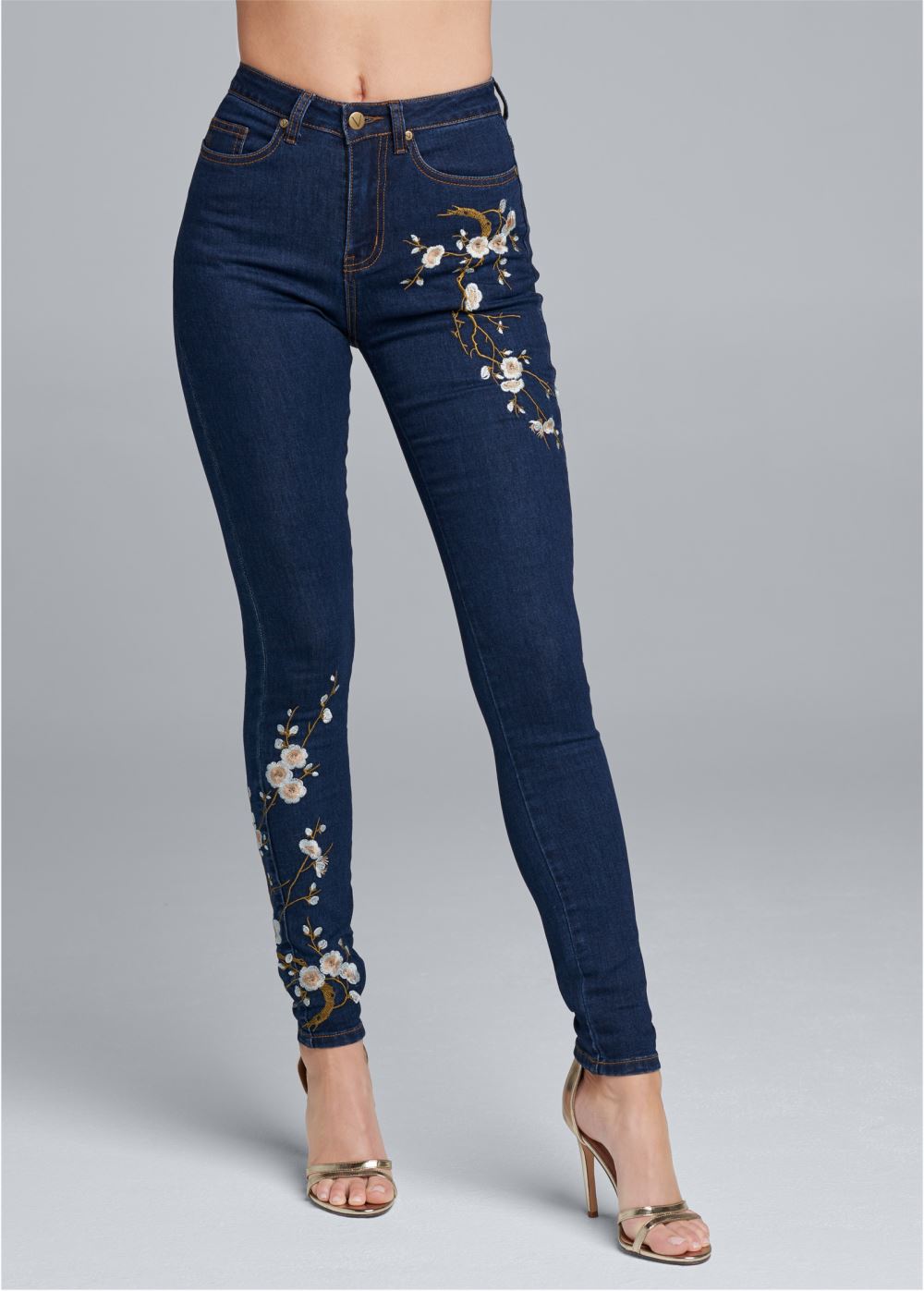 Venus Plus Size Floral Embroidered Skinny Jeans in Dark Wash