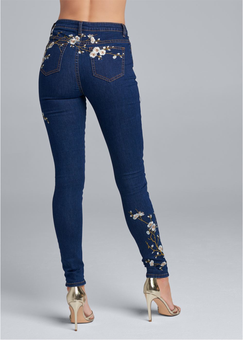 Venus Plus Size Floral Embroidered Skinny Jeans in Dark Wash