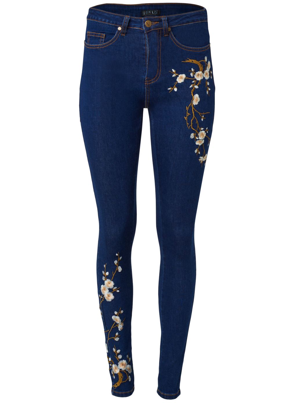 Venus Plus Size Floral Embroidered Skinny Jeans in Dark Wash