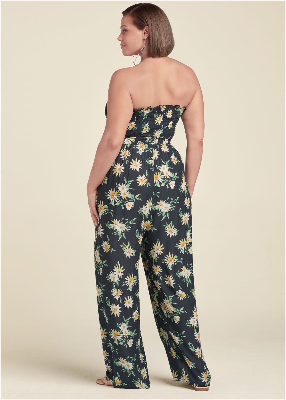 Venus Plus Size Floral Strapless Jumpsuit in Black & Yellow