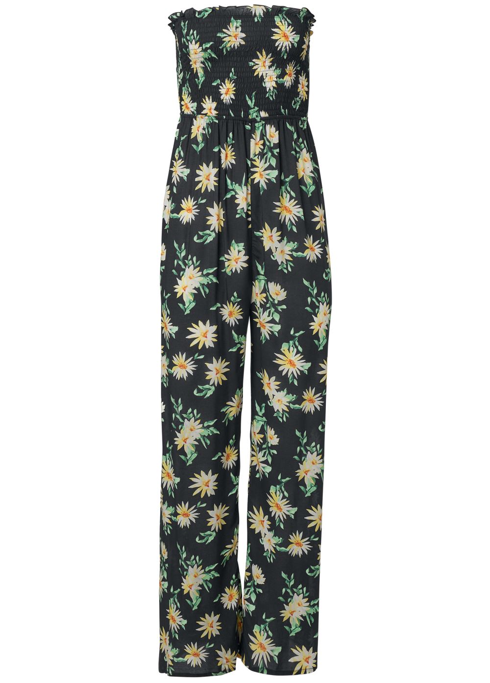 Venus Plus Size Floral Strapless Jumpsuit in Black & Yellow