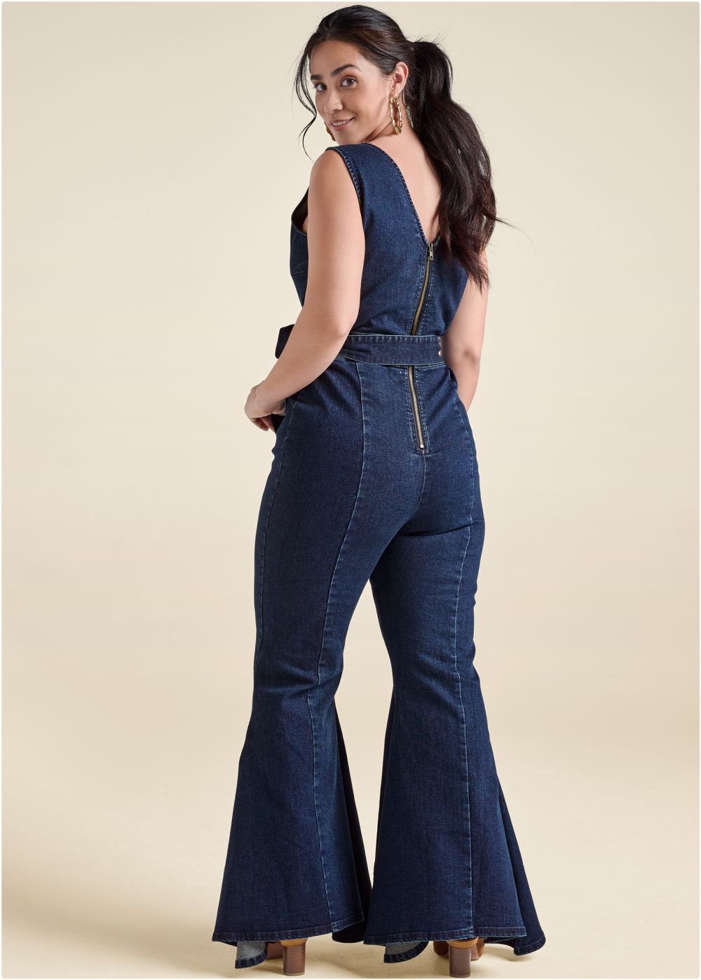 Venus Plus Size Flared Denim Jumpsuit in Dark Wash