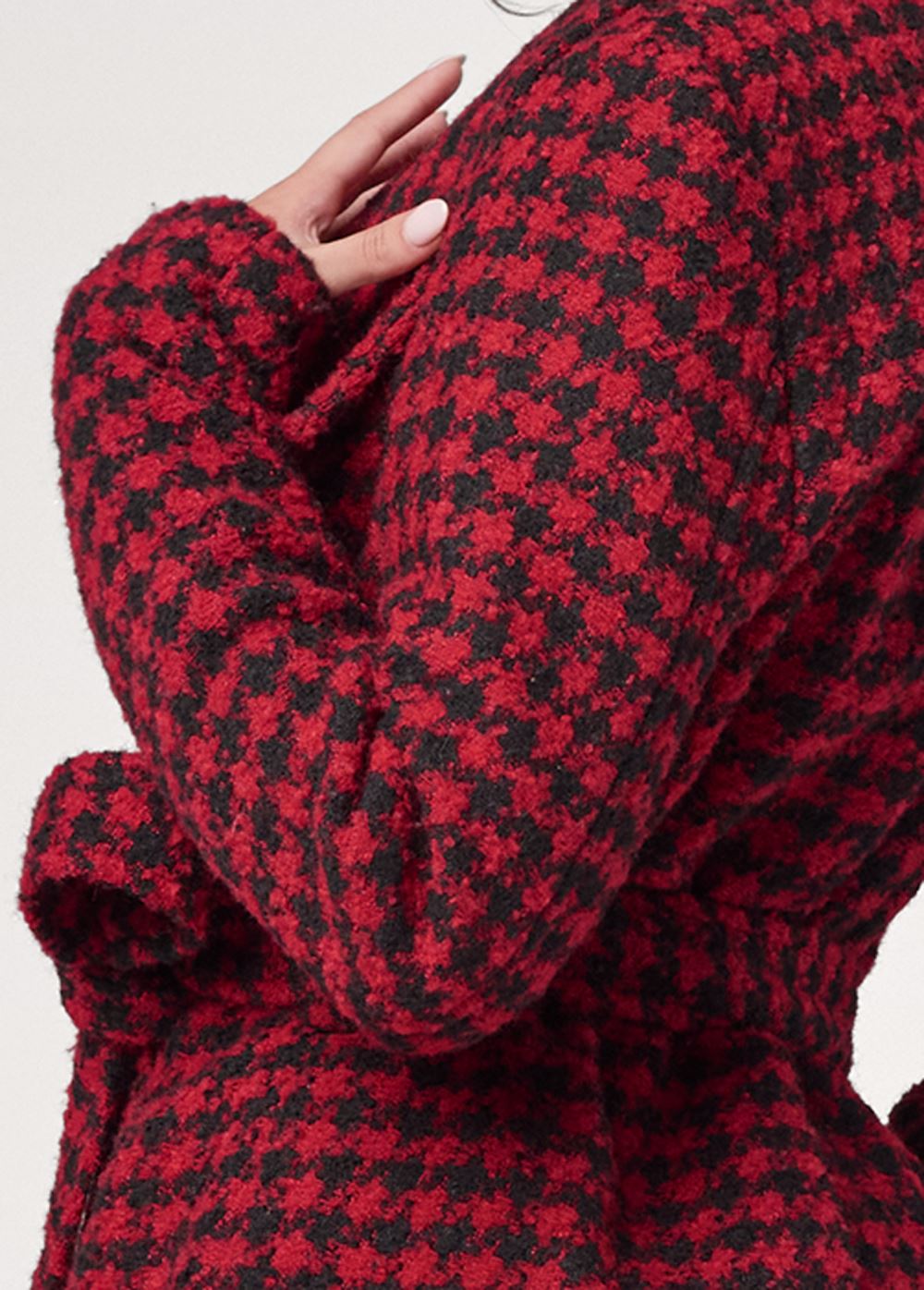 Venus Belted Houndstooth Coat in Red & Black