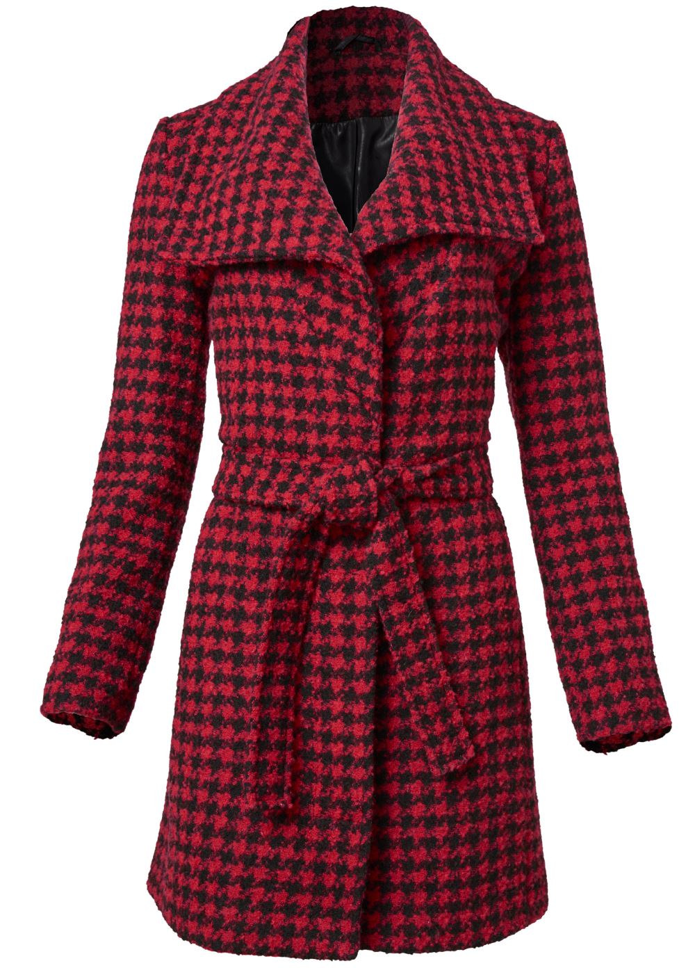 Venus Belted Houndstooth Coat in Red & Black