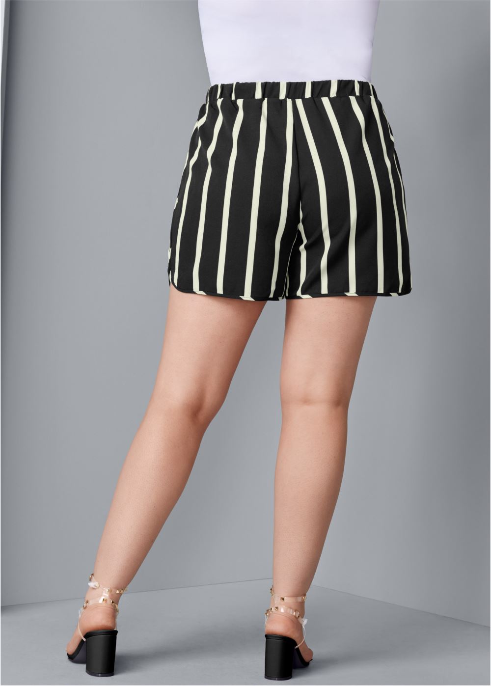 Venus Plus Size Belted Stripe Shorts - Black & White