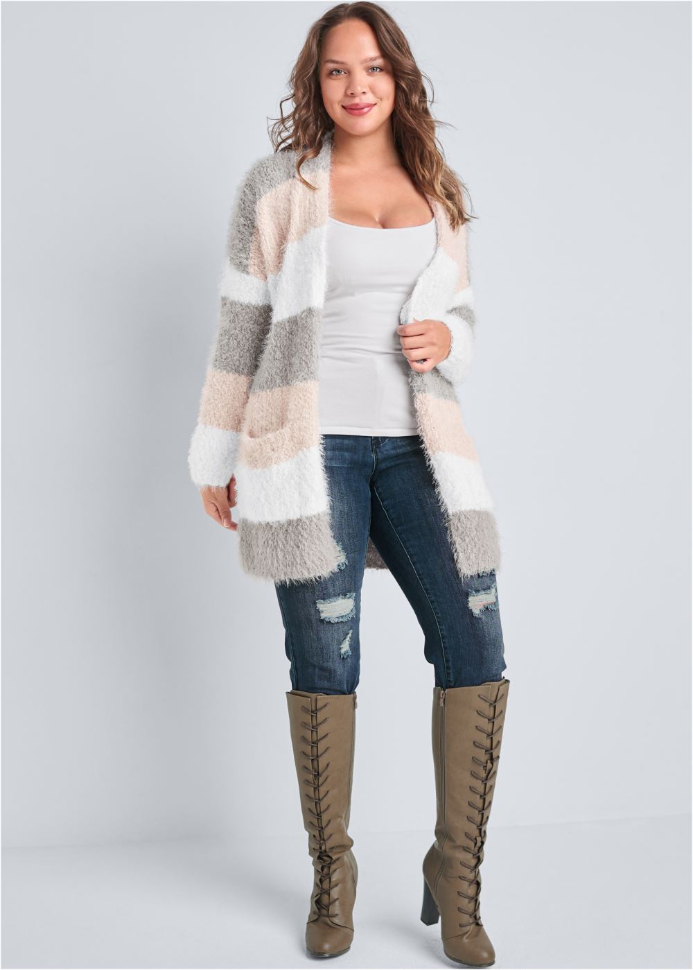Venus Plus Size Cozy Striped Cardigan in Blush Multi