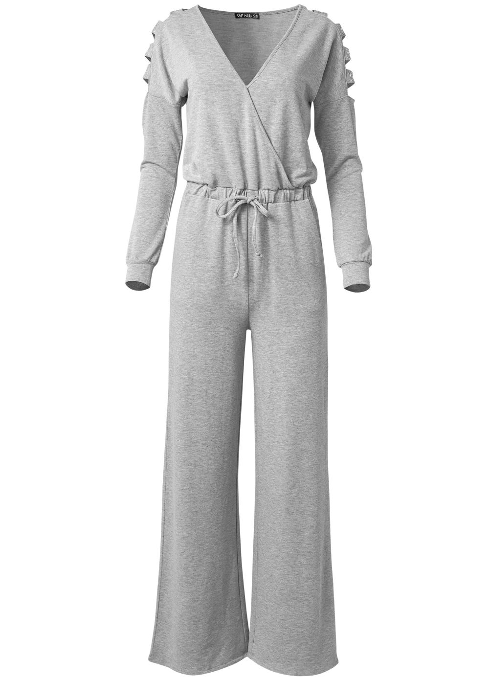 Venus Plus Size Embellished Sleeve Jumpsuit in Heather Grey