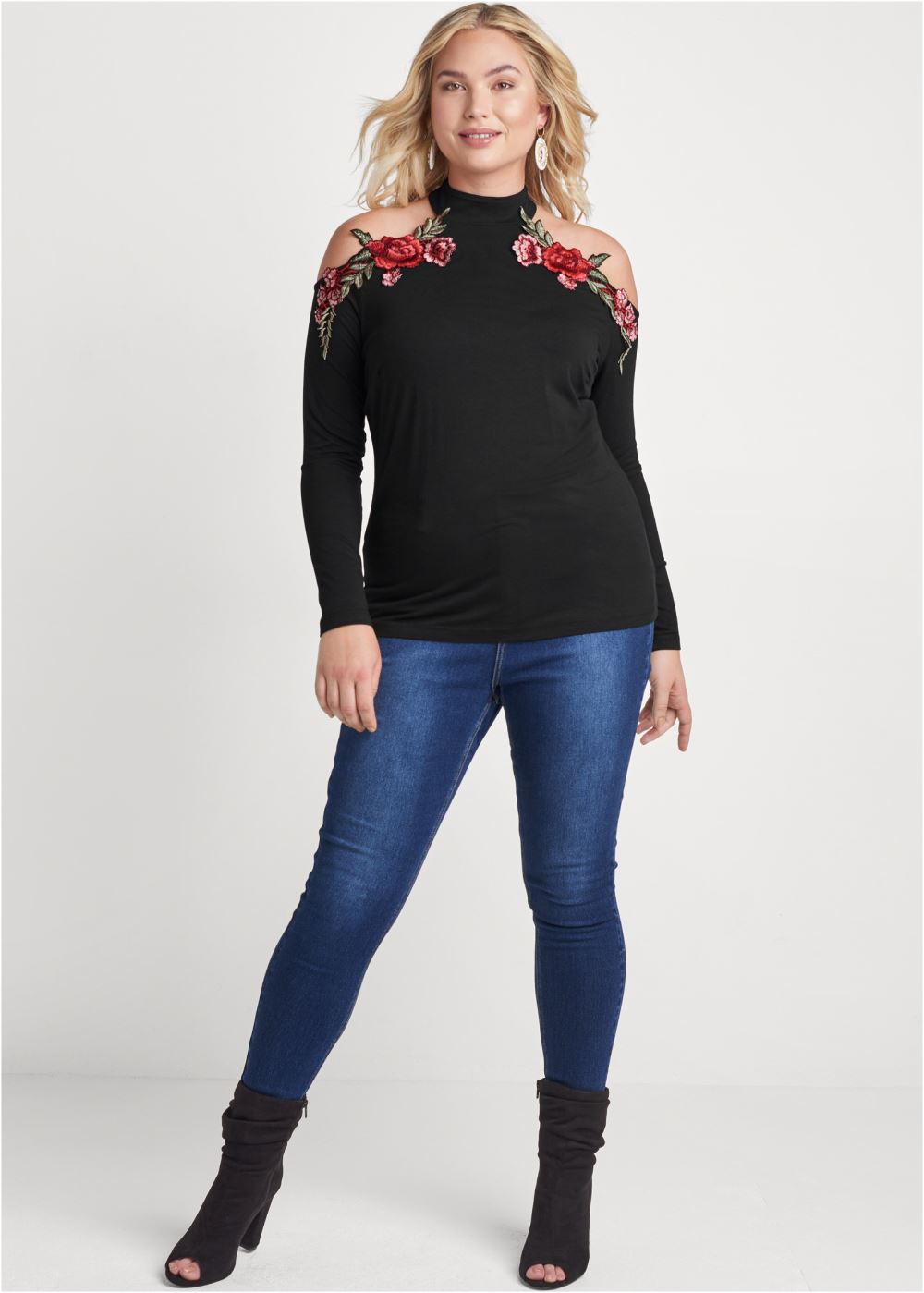 Venus Plus Size Rose Applique Cold-Shoulder Top