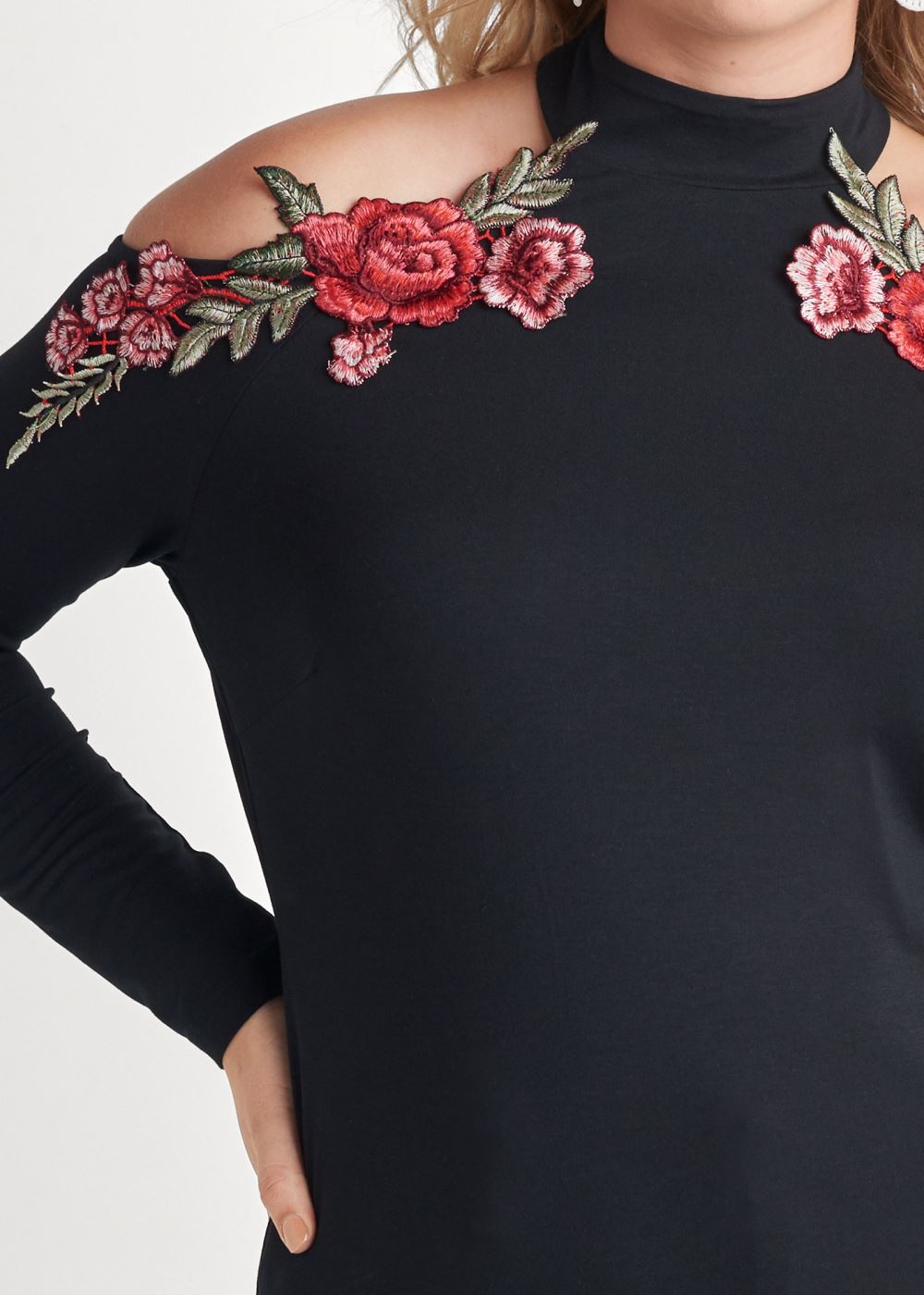 Venus Plus Size Rose Applique Cold-Shoulder Top