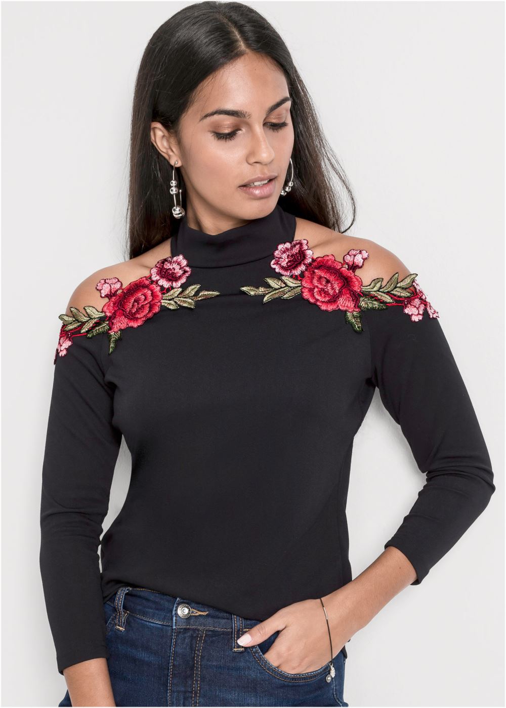 Venus Plus Size Rose Applique Cold-Shoulder Top
