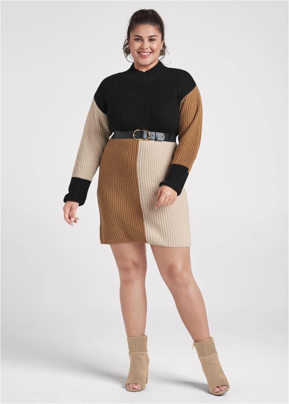 Venus Plus Size Belted Color Block Sweater Dress