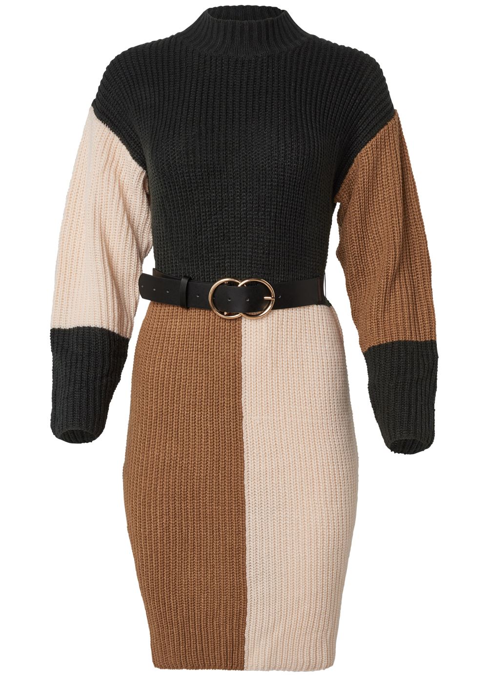 Venus Plus Size Belted Color Block Sweater Dress