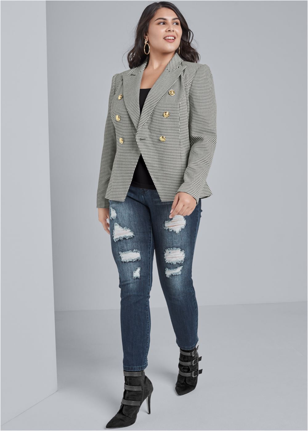 Venus Houndstooth Double Breasted Blazer in Black & White