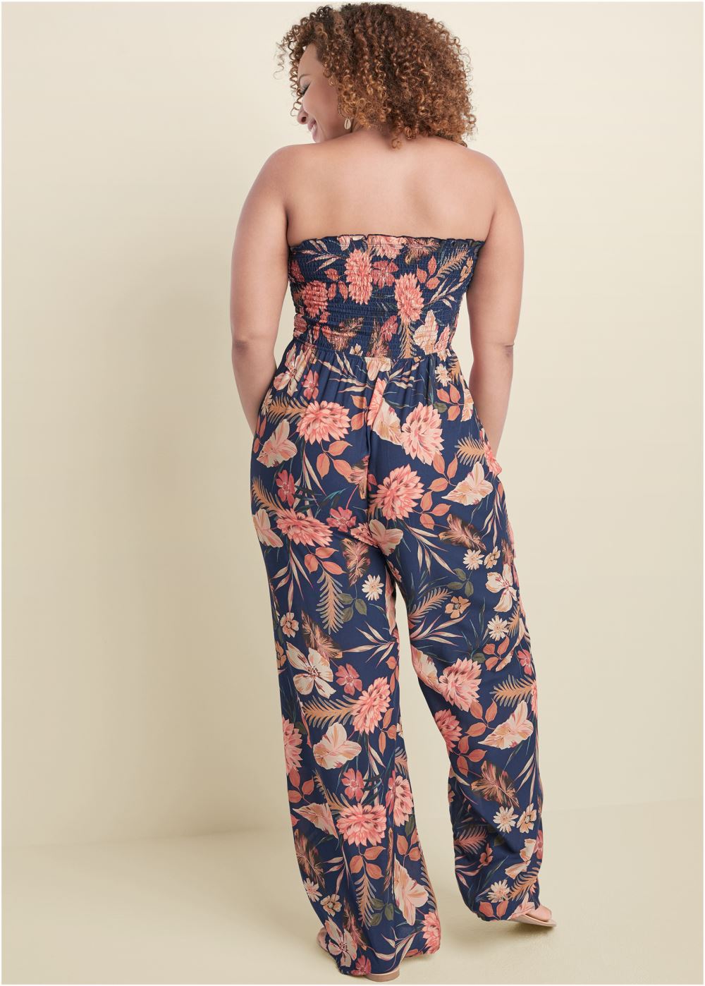 Venus Plus Size Floral Strapless Jumpsuit in Black Multi