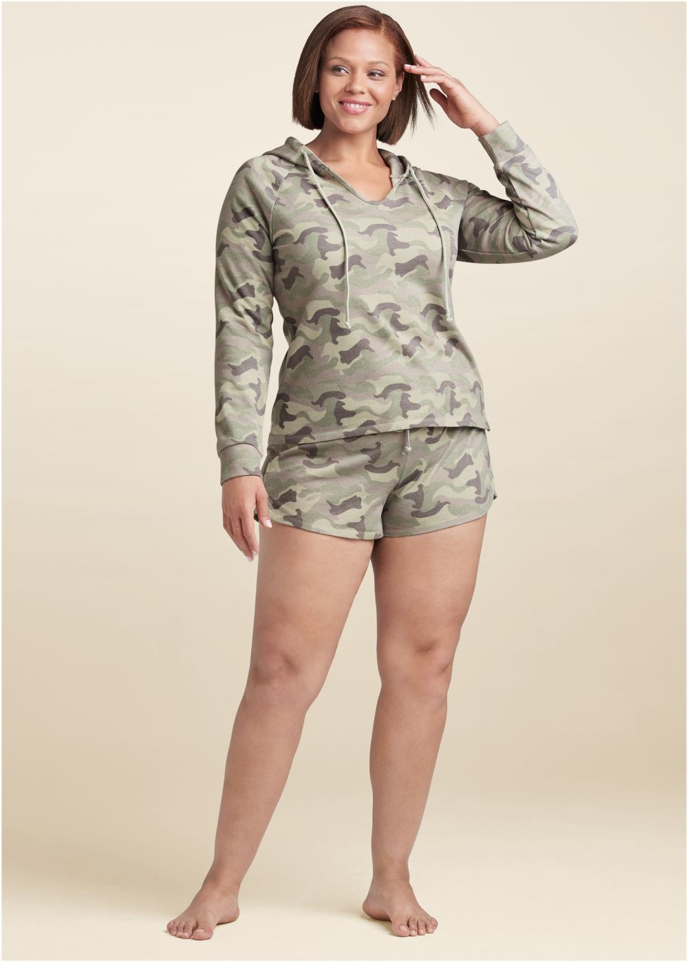 Venus Plus Size Lounge Hoodie Shorts Set in Green Multi