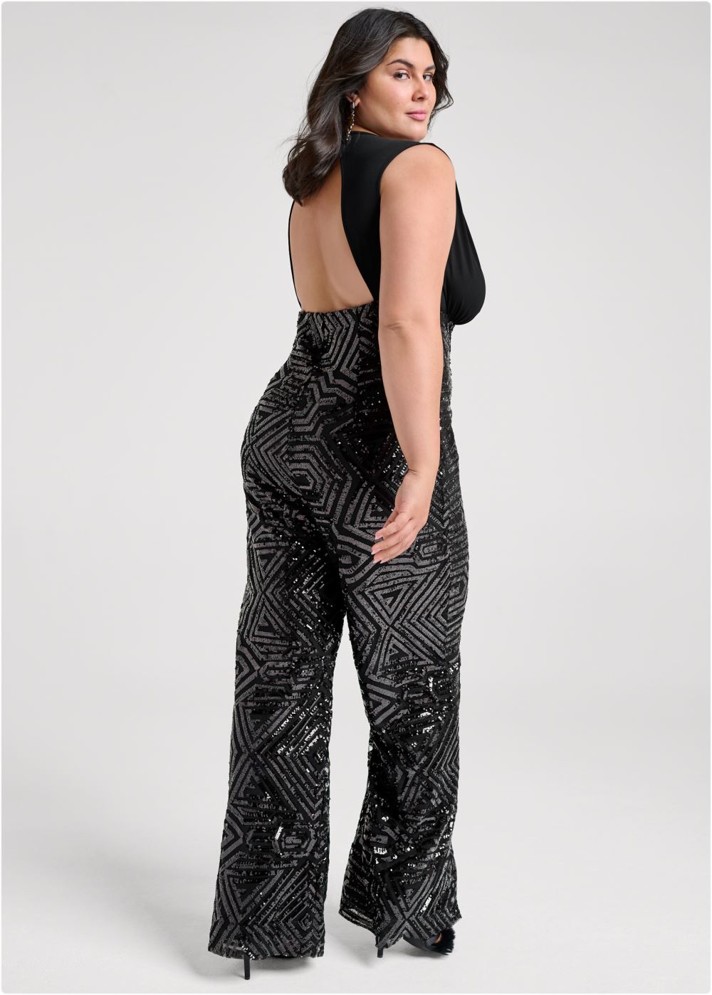 Venus Plus Size Sequin Surplice Jumpsuit in Black